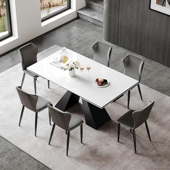 Extendable Dining Table for 8-12 Seat Flexible Stretch Tabletop Made from Sintered stone Tempered Glass Solid Carbon Steel Base, White