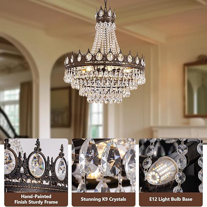 Vintage Crystal Chandeliers for Dining Room Light Fixture, 9-Light Antique Bronze French Empire Chandelier for Foyer Entryway Kitchen Island Bar Living Room, D24 x H27