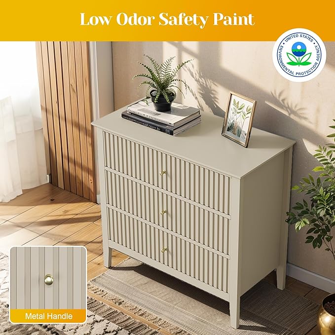 Large Beige Fluted 3 Drawer Dresser Set of 2, Chest of Drawers with Ball Bearing Slide Modern 30 inch Tall Wood Nightstand with Spacious Storage for Bedroom Hallway Living Room Entryway