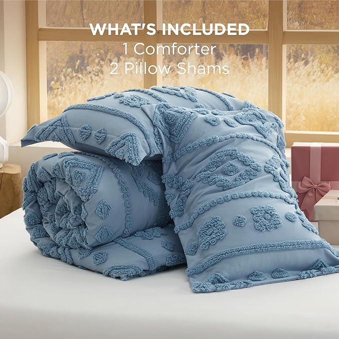 Bedsure King Size Comforter Set - Grayish Blue Tufted Boho Bed Set, Farmhouse Shabby Chic Embroidery Bedding for All Seasons, 3 Pieces, 1 Soft Jacquard King Comforter and 2 Pillow Shams