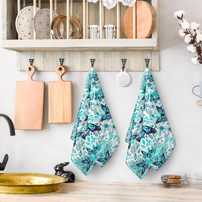 Butterfly Decorative Kitchen Dish Towels Set of 2 Absorbent Botanic Kitchen Towels, Green