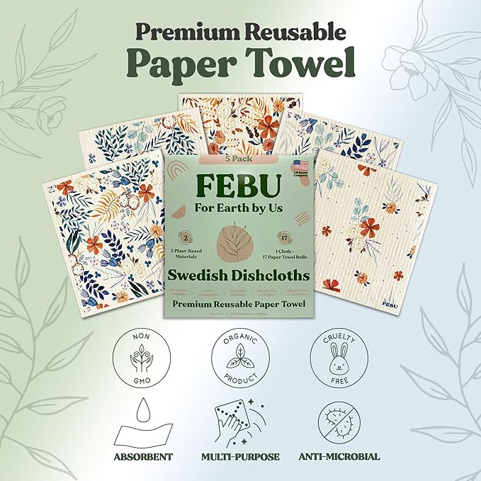 FEBU Swedish Dishcloths for Kitchen 5 Pack Fresh Flowers Reusable Washable Absorbent Dish Towels