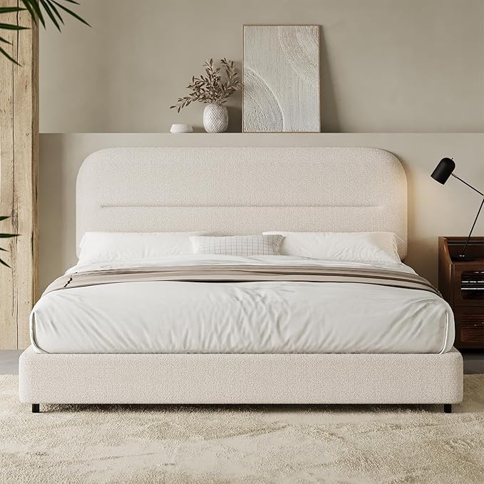Full Size Boucle Bed Frame, Upholstered Full with Headboard, Soft BedFrame with Thickened Footboard, Soft Rounded Corners, No Box Spring Required, Easy Assembly, Cream