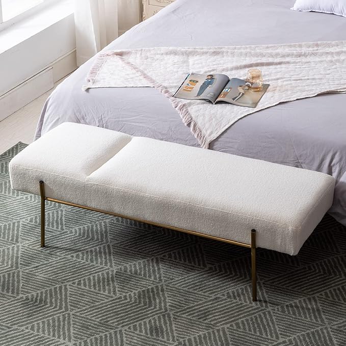 Modern End of Bed Bench, Upholstered Entryway Bench with Detachable Pillow for Living Room, Faux Fur Ottoman Bench with Gold Metal Legs, Comfy Cushion Bedroom Decoration Benches (White)