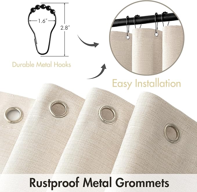 MIULEE 84" Long Scalloped Shower Curtain Linen Textured with 12 Metal Hooks Cute Extra Long Heavy Duty Washable Waterproof Cloth Shower Curtains with Black Border for Bathroom Hotel Bathtub,Beige