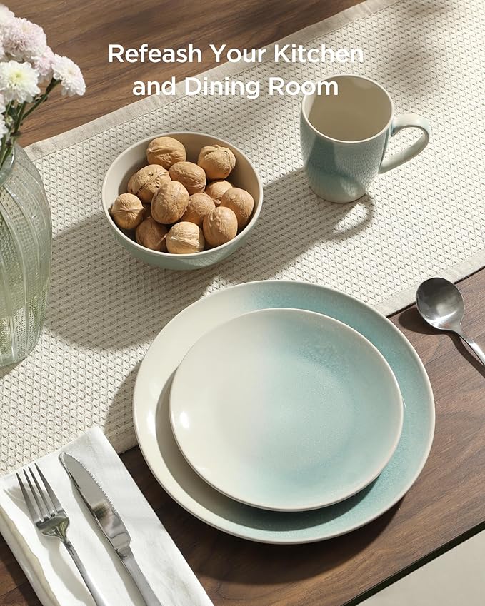 Famiware Glacier Dinnerware Sets, Plates and Bowls Dish Sets for 8 (24 Pieces), Stoneware Tableware - Dishwasher and Microwave Safe, Handcrafted Reactive Glaze, Aqua