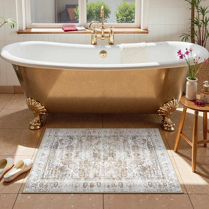 Uphome Boho Bathroom Rugs, Distressed Farmhouse Light Khaki Bath Mat, Comfy Velvet Small Bath Rugs Non Slip Washable, Vintage Oriental Toilet Rug for Sink Shower Vanity, 20x32 inch