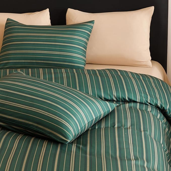 CLOTHKNOW Green Striped California King Comforter Set Green Khaki Black Bedding Comforter Sets Ticking Farmhouse Comforter with 2 x Pillowcases
