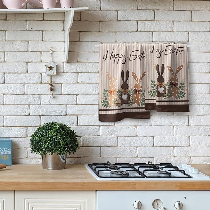 Happy Easter Face Towels Set of 2 28.3x14 Absorbent Decorative Bunny Rabbit Eucalyptus Holiday