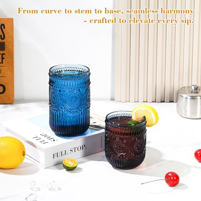 Blue Drinking Glasses Set of 12, 14 Oz Highball & 10 Oz Cocktail Glasses, Blue Kitchen Vintage Glassware Set, Floral Embossed Glass Tumbler Cups for Beer, Juice, Water, Whiskey, Coffee