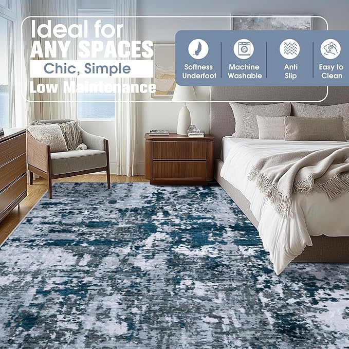 9x12 Area Rugs for Living Room Rug Washable: Abstract Large Rug for Dining Room Bedroom Carpet Non Slip 9 by 12 Indoor Modern Nursery Home Office Navy Grey