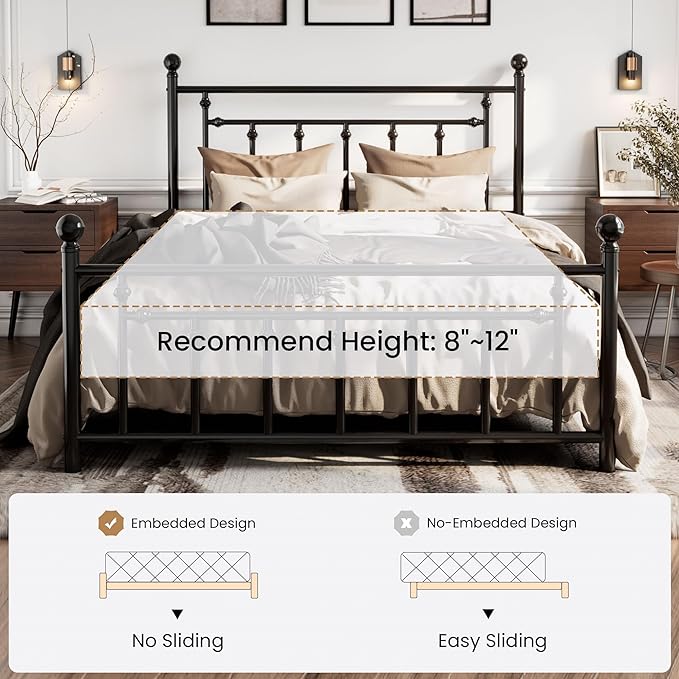 SHA CERLIN 14'' Full Size Metal Platform Bed Frame/Victorian Headboard and Footboard/Steel Slats Mattress Foundation for Storage/No Box Spring Needed/Noise Free/Black