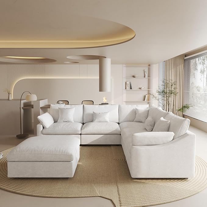 Modular Sectional Sofa Couch, 119.29" V Shaped Modular Couch with Storage Ottoman, Down Filled Convertible Sofa for Living Room, 6 Seat Wide Couches,Cushion Covers Removable,White