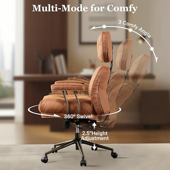Mid Century Modren Big and Tall Office Chair,Large Ergonomic Executive Chair for Heavy Duty People, Desk Task Chair with Wheels, Faux Lether Fabric Wide Chair for Home Sturdy,Brown(Suede)