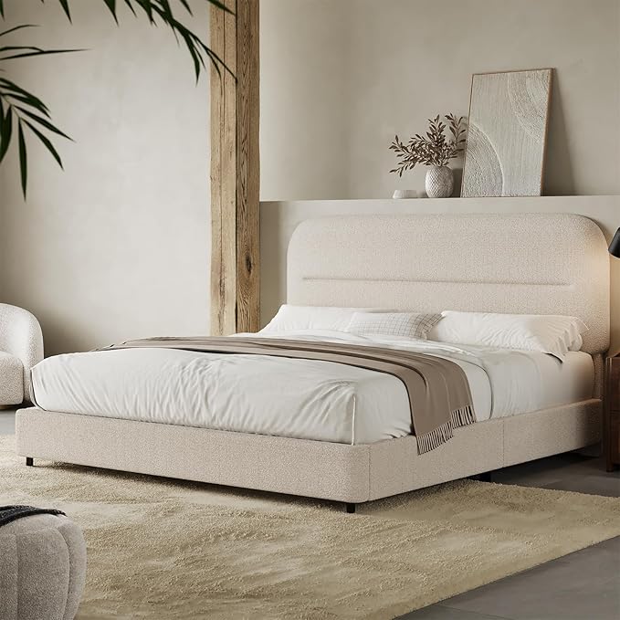Full Size Boucle Bed Frame, Upholstered Full with Headboard, Soft BedFrame with Thickened Footboard, Soft Rounded Corners, No Box Spring Required, Easy Assembly, Cream