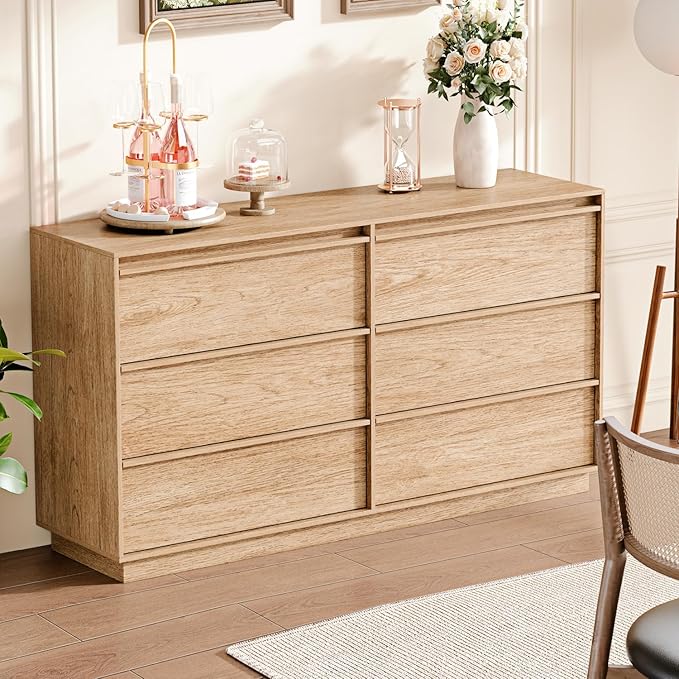 55.12" Modern Chest of Drawer, 6 Deep Drawers,Clothes Organizer,Large Storage Cabinet for Living Room, Bedroom,Dresser TV Stand, Wood Drawer Organizer for Living Room, Hallway, Natural