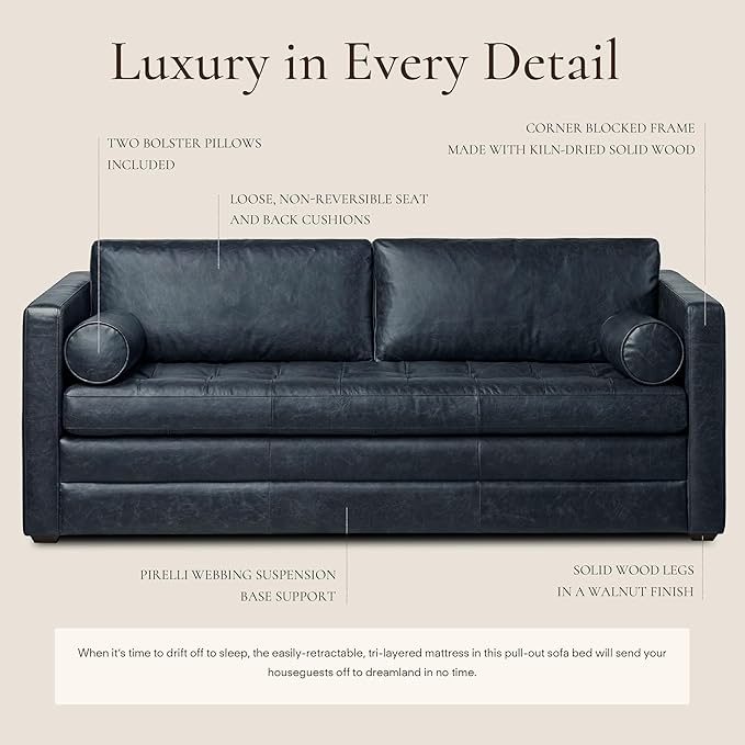 POLY & BARK Napa 82" Leather Pull-Out Convertible Sleeper Sofa in Midnight Blue