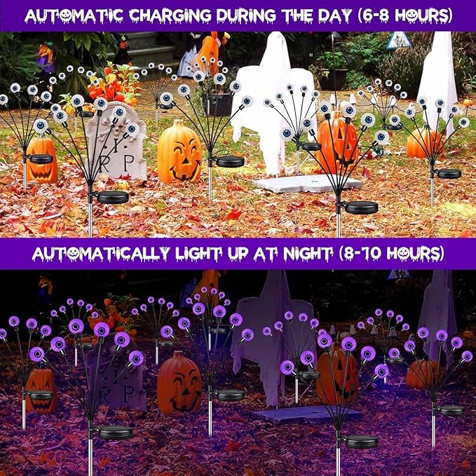 4 Pack Halloween Decorations Outdoor Waterproof, 24 LED Purple Solar Eyeball Lights, Swaying Firefly Light (Slow Glow or Steady on), for Garden Grave Yard Lawn Haunted House Decor