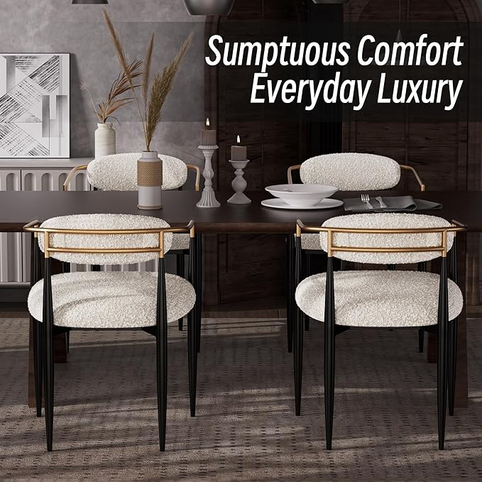 Morden Fort Modern Dining Chairs Set of 2, Upholstered Boucle Dining Chairs with Gold Armrest and Black Metal Legs for Kitchen, Living Room and Restaurant