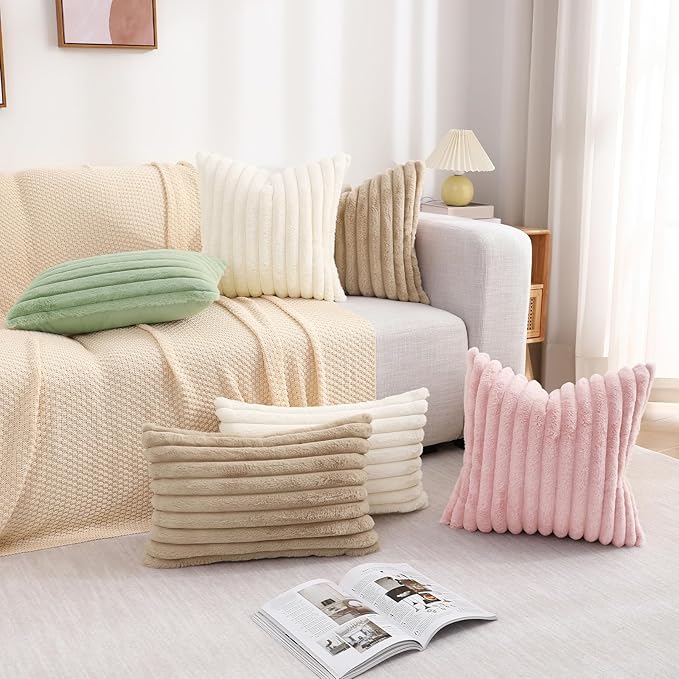 decorUhome Faux Fur Christmas Throw Pillow Covers 16x16 Set of 2, Decorative Soft Plush Striped Neutral Euro Pillow Covers with Velvet Back for Bed, Living Room Home Decor, Sage Green