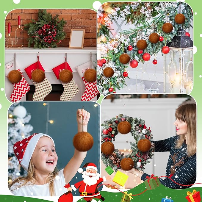 Gejoy 12 Pcs Brown Furry Christmas Ball Ornaments for Xmas Tree Brown Christmas Hanging Decorations Soft Faux Fur Pom Pom Ball Ornaments for Home Party Supplies Fireplace Mantel Wall Decor