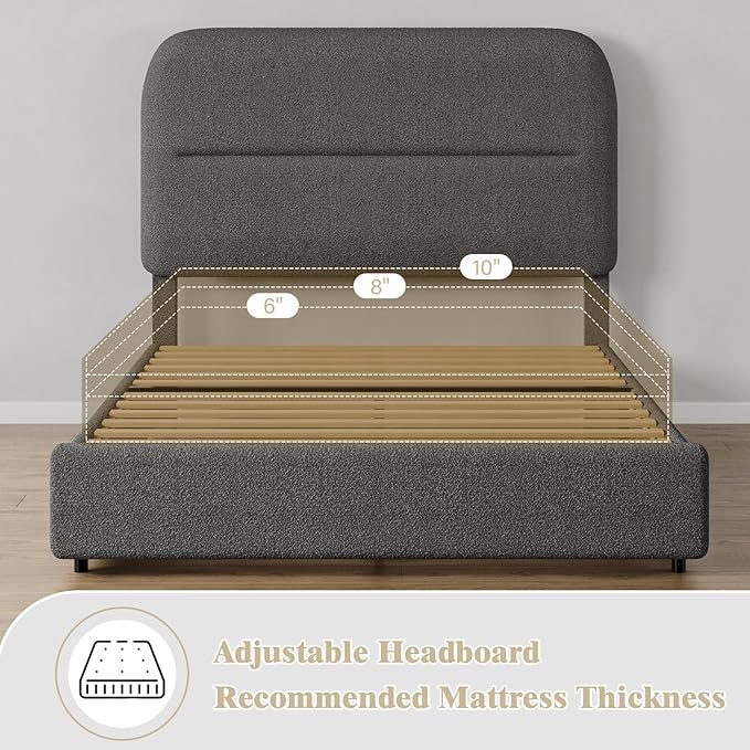 Twin Bed Frame Twin with Rounded Headboard, Soft Modern Twin Size Boucle with Thickened Footboard, Rounded Corners, No Box Spring Needed, Easy Assembly, Grey