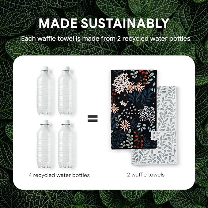 RECYCO Waffle Kitchen Towels Set of 2 Quick Dry Microfiber Sustainable Lightweight Hand Towels Enchanted Bloom 16x28