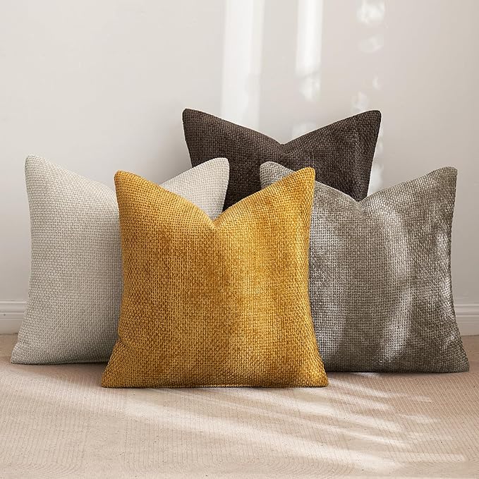 MIULEE Pack of 4 Throw Pillow Covers 18x18 Inch Neutral Gold/Brown Soft Decorative Chenille Pillow Covers Farmhouse Accent Cushion Covers for Boho Home Decor Bedroom Living Room