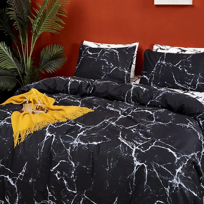 CLOTHKNOW Black White Grey Full Size Comforter Sets Marble Bedding Comforter Sets Soft All Season Black Comforters with 2 x Pillow Cases