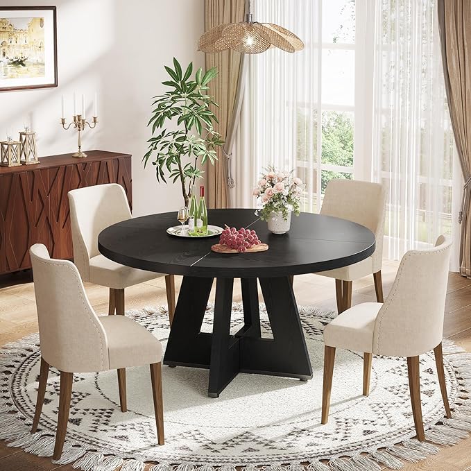Tribesigns Farmhouse Dining Table 47 Inch Round Dinner Table for 4 Rustic Round, Black
