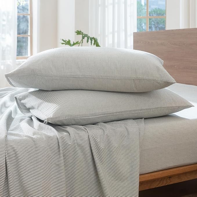 MooMee Striped Duvet Cover Set 100% Washed Cotton Linen Like Textured Breathable Durable Soft Comfy (Heathered Green Pinstripes, Super King Plus 120"x120")