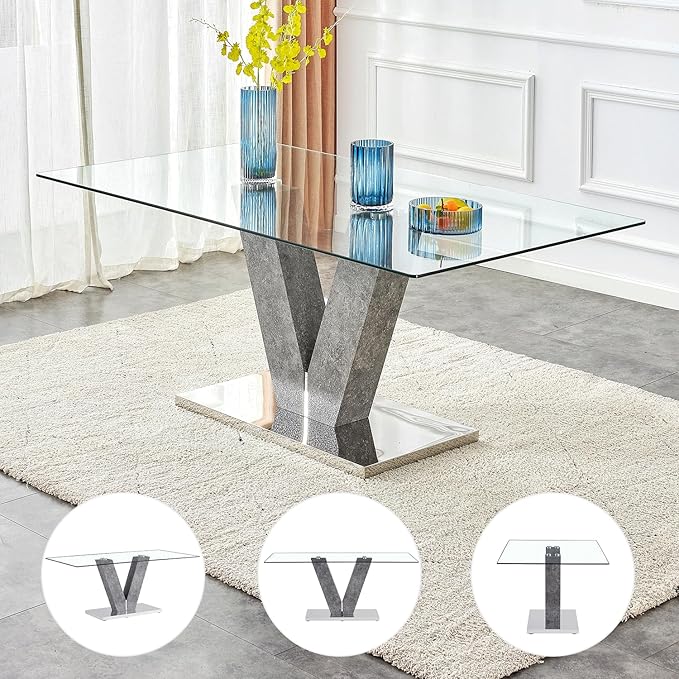 71" Glass Dining Table Set for 6, Kitchen Table and 6 PU Leather Chairs, Dining Table Set Ideal for Living Room