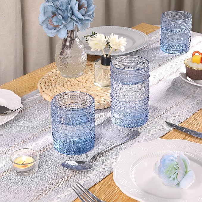 Blue Hobnail Glasses Drinking Set of 4, 12 oz Cocktail Glasses, Blue Vintage Glassware for Beer, Cocktail, Soda, Juice, Coffee and Various Mixed Drinks