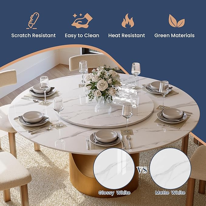 POVISON 60" Round Dining Table for 4-6 with Lazy Susan, 60" Glossy White Sintered Stone Tabletop Bronze Carbon Steel Pedestal