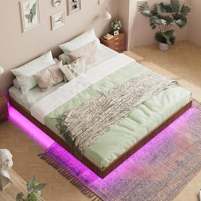 Evermagin Walnut King Floating Bed Frame with led Lights, Mid Century Modern Fluted Floating Platform Bed No Headboard, Heavy Duty Metal Float Bedframe, No Box Spring Needed