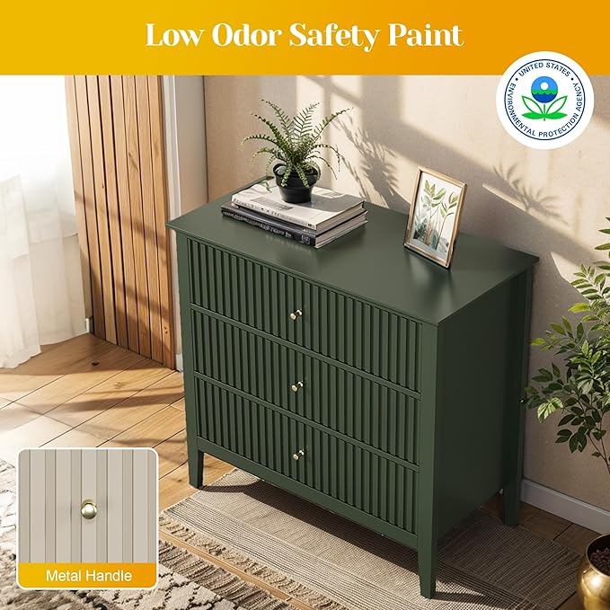 Large Green 3 Drawer Dresser, Painted 30 Inch Tall Wood Nightstand with Storage, Wide Modern Chest of Drawers with Ball Bearing Slide for Bedroom Hallway Living Room Entryway Office
