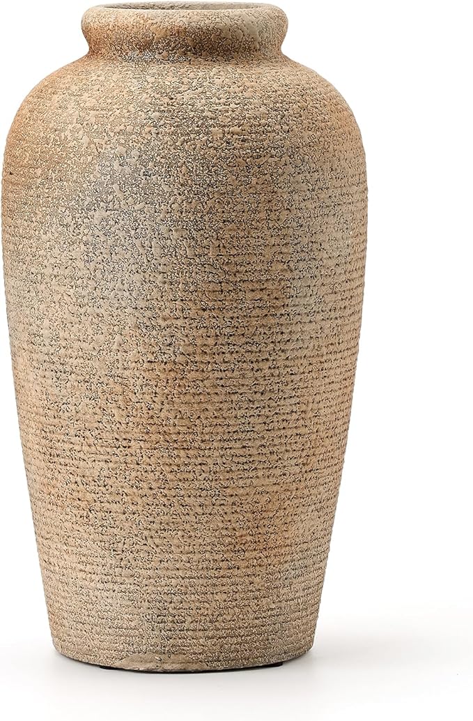 Large Ceramic Rustic Vase, 11 inch Minimalist Decorative Vase, Farmhouse Tall Wood Colored for Home Decor, Living Room, Shelf Decor, Enterway, Table Decoration, Brown