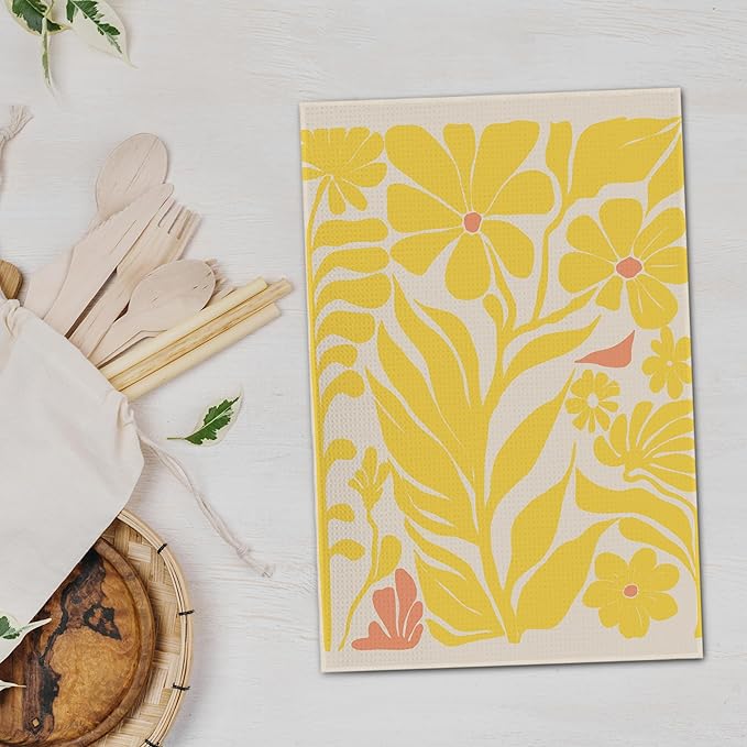 Boho Floral Dish Towels Vintage Abstract Flowers Waffle Weave Yellow Flower