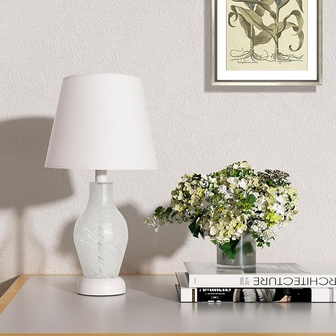 ONEWISH Table Lamps for Bedroom Set of 2, 14" Small Bedside Nightstand Lamp, Wine Bottle Shape Glass Body, Bulb Included, White