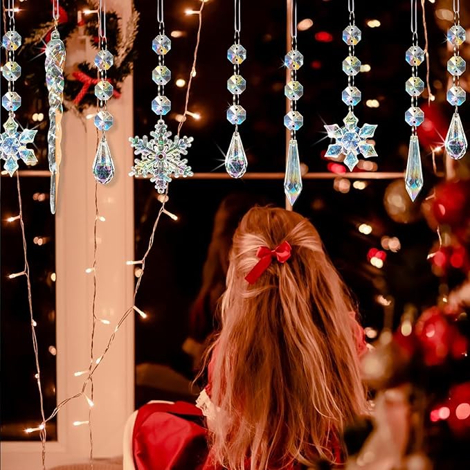 80pcs Christmas Crystal Snowflake Ornaments for Tree - Iridescent Christmas Acrylic Snowflakes Drop Icicle Pendants Hanging Ornaments for Xmas Tree Winter Holiday Frozen Wedding Party Decorations