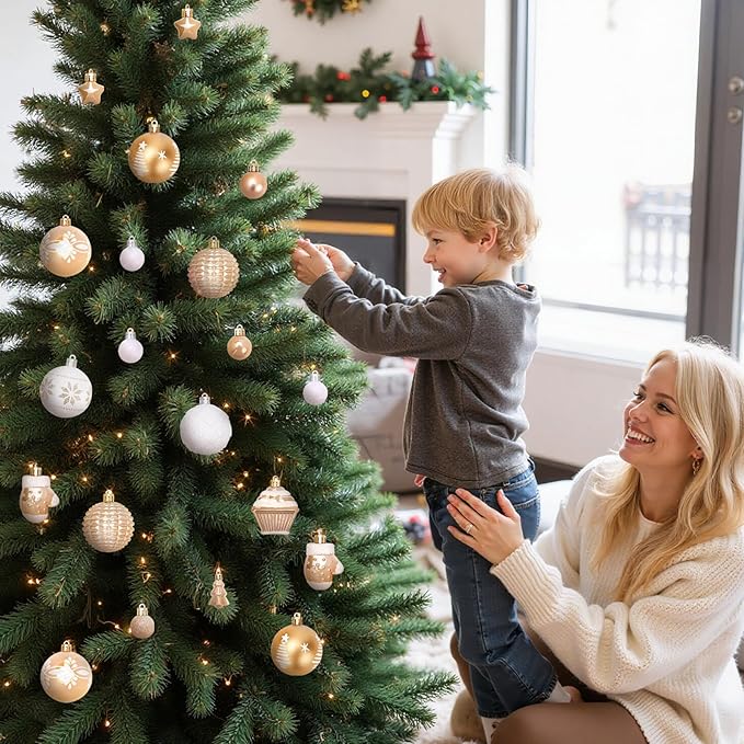 DeckTheHalls 42 Pcs Christmas Ornaments, Various Styles of Christmas Ball Ornaments, Shatterproof Christmas Balls for Holiday Xmas Tree Decor, Hanging Ornament for Indoor Decoration (Gold & White)