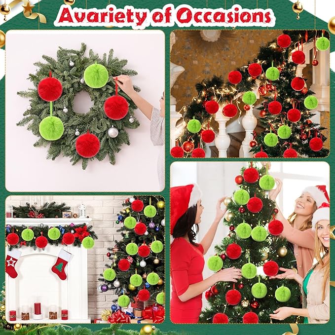 24 Pcs Red and Green Furry Christmas Ball Ornaments for Tree 3.94 Inches Large Pom Pom Ball Christmas Hanging Decoration for Party Supplies Fireplace Mantel Wall Decor