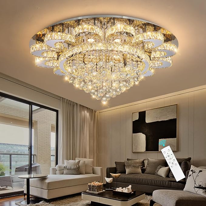 Modern Chandelier Living Room Light Glam Chandeliers Ceiling Light Fixture Remote Dimmable Lights 40 Inches Luxury Crystal Silver Dining Room Lights