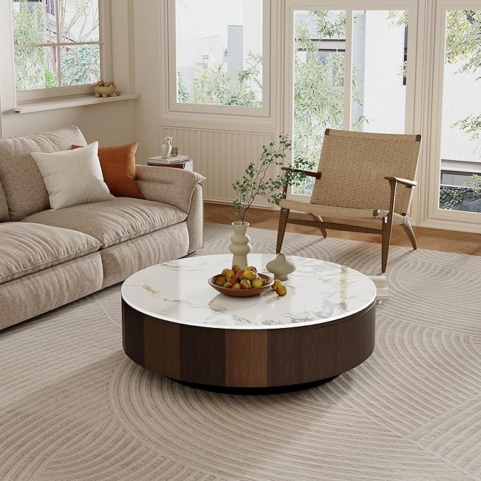 35.43" Modern Coffee Table for Living Room, Round Coffee Table with Storage Drawer, Sintered Stone Top with Metal Base, NO Assembly Living Room Table Tea Table for Home Office