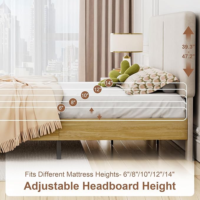 VECELO Full Bed Frame Upholstered Platform Beds with Height-Adjustable Cotton and Linen Headboard, Heavy Duty Wood Slats, 6" Under-Bed Space, Noise-Free, No Box Spring Needed,Easy Assembly