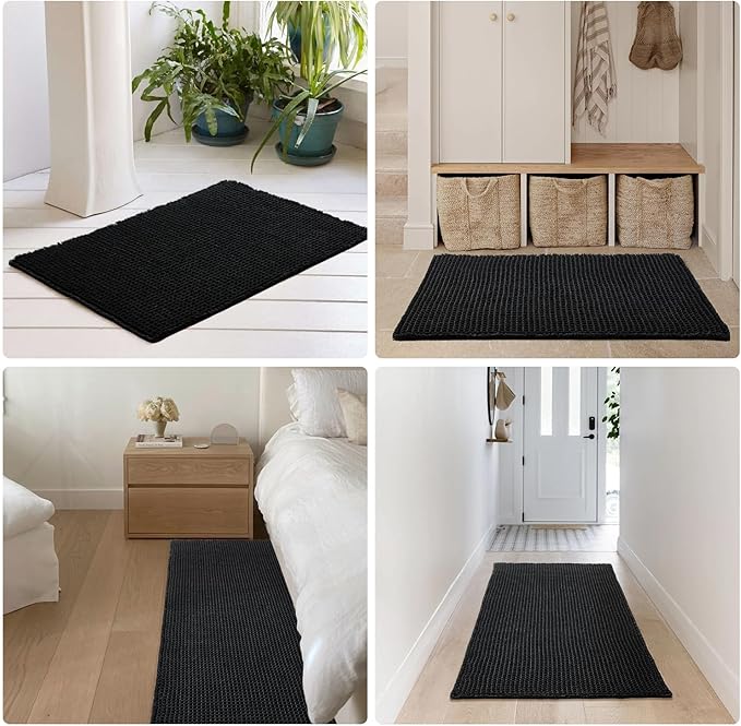 Black Long Bathroom Rug, Waffle Runner Rug Bathroom Non Slip Washable Super Absorbent Quick Dry Boho Farmhouse Bath Decor, 60"x24" Black