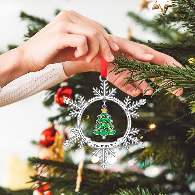 Christmas Ornament 2025, Silver Snowflake Ornament with Tree Design, Metal Hanging Engraved Christmas 2025 Ornaments, Holiday Keepsake Ornament for Xmas Tree Decor