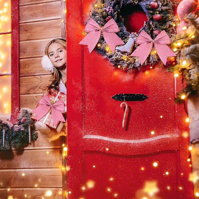 Cindeer 24 Pcs Pink Christmas Bow Decorations 6 x 6 Inches, Glitter Holiday Ornaments Sequin Ties Bows for Xmas Tree, Wreath, DIY Crafts, Gift Wrapping, Party Decor