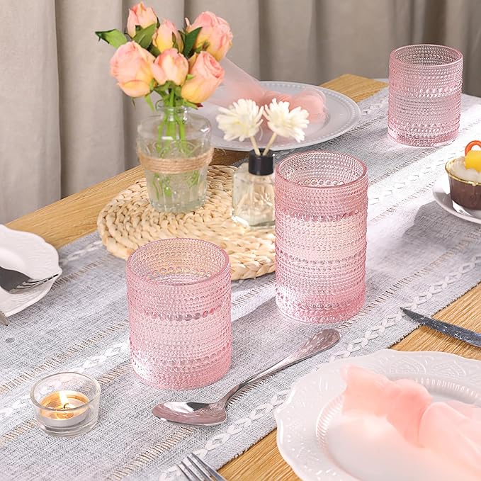 Pink Hobnail Glasses Drinking Set of 4, 12 oz Cocktail Glasses, Pink Vintage Glassware for Beer, Cocktail, Soda, Juice, Coffee and Various Mixed Drinks