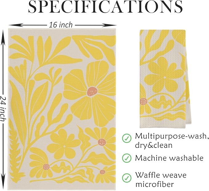 Boho Floral Dish Towels Vintage Abstract Flowers Waffle Weave Yellow Flower